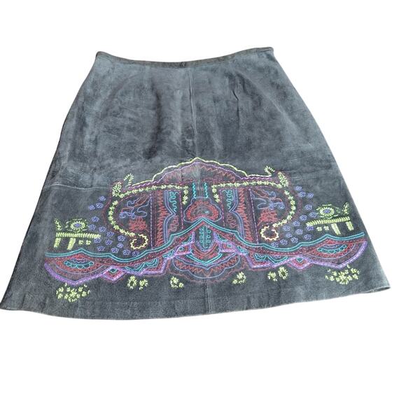 Vintage Embroidered Leather Suede A-line Fully Lined Skirt Size 14 Petite - Picture 1 of 7